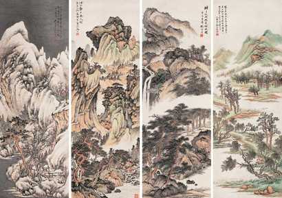 张石园 徐邦达 吴琴木 应野平 庚辰（1940）年作 四时山景（四幅） 屏轴